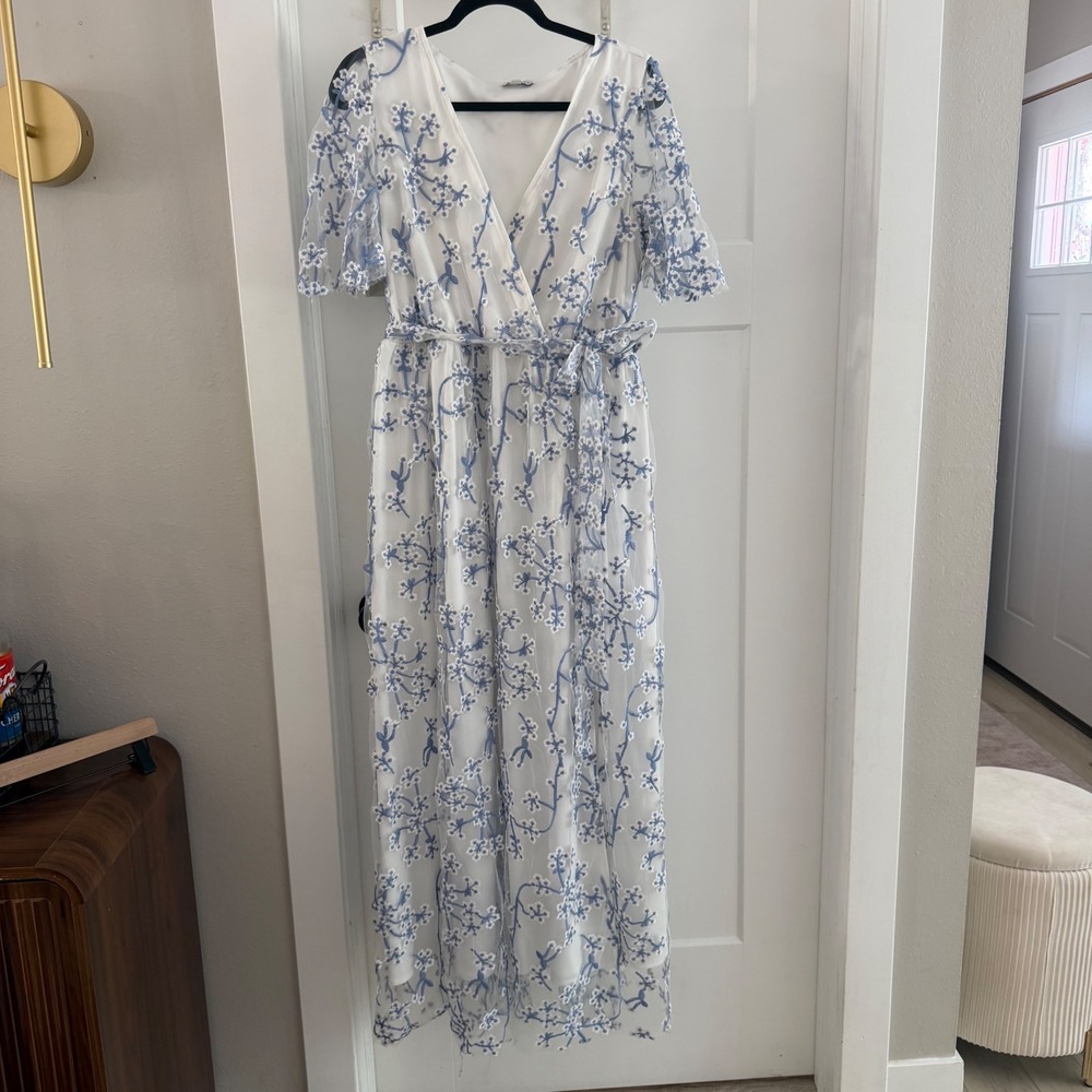 Baltic Born Blue Floral Embroidered Maxi Dress 1XL Flutter Sleeve Cottagecore